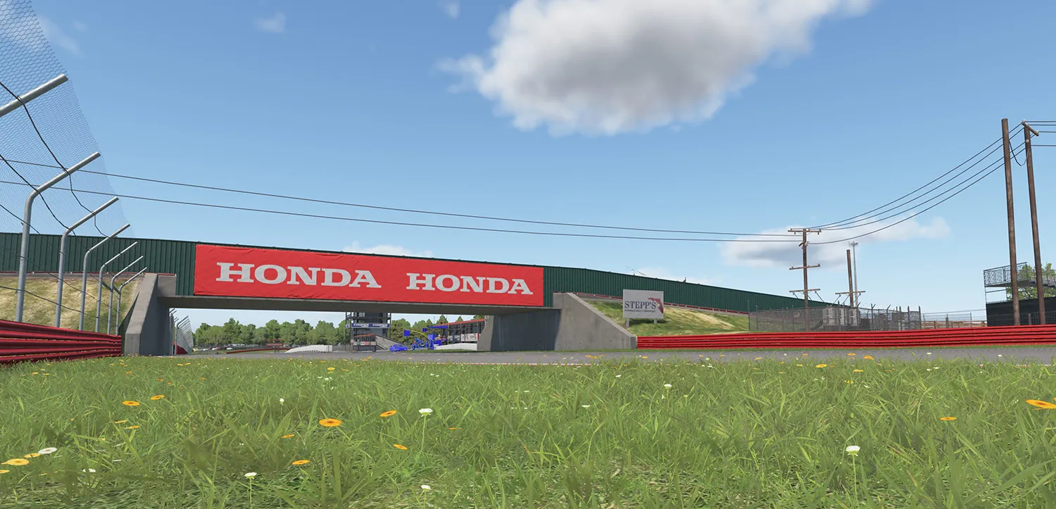 The Honda bridge at Mid-Ohio seen from the grass at trackside